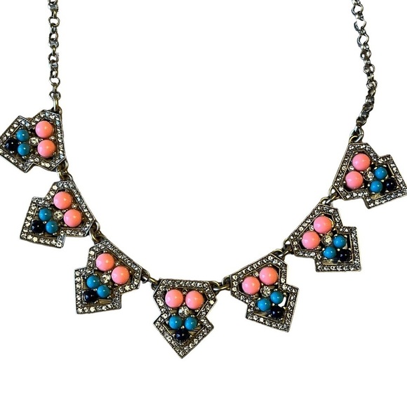 J Crew Antique Look Statement Bib Necklace Gold Peach Blue Rhinestones - Picture 2 of 7